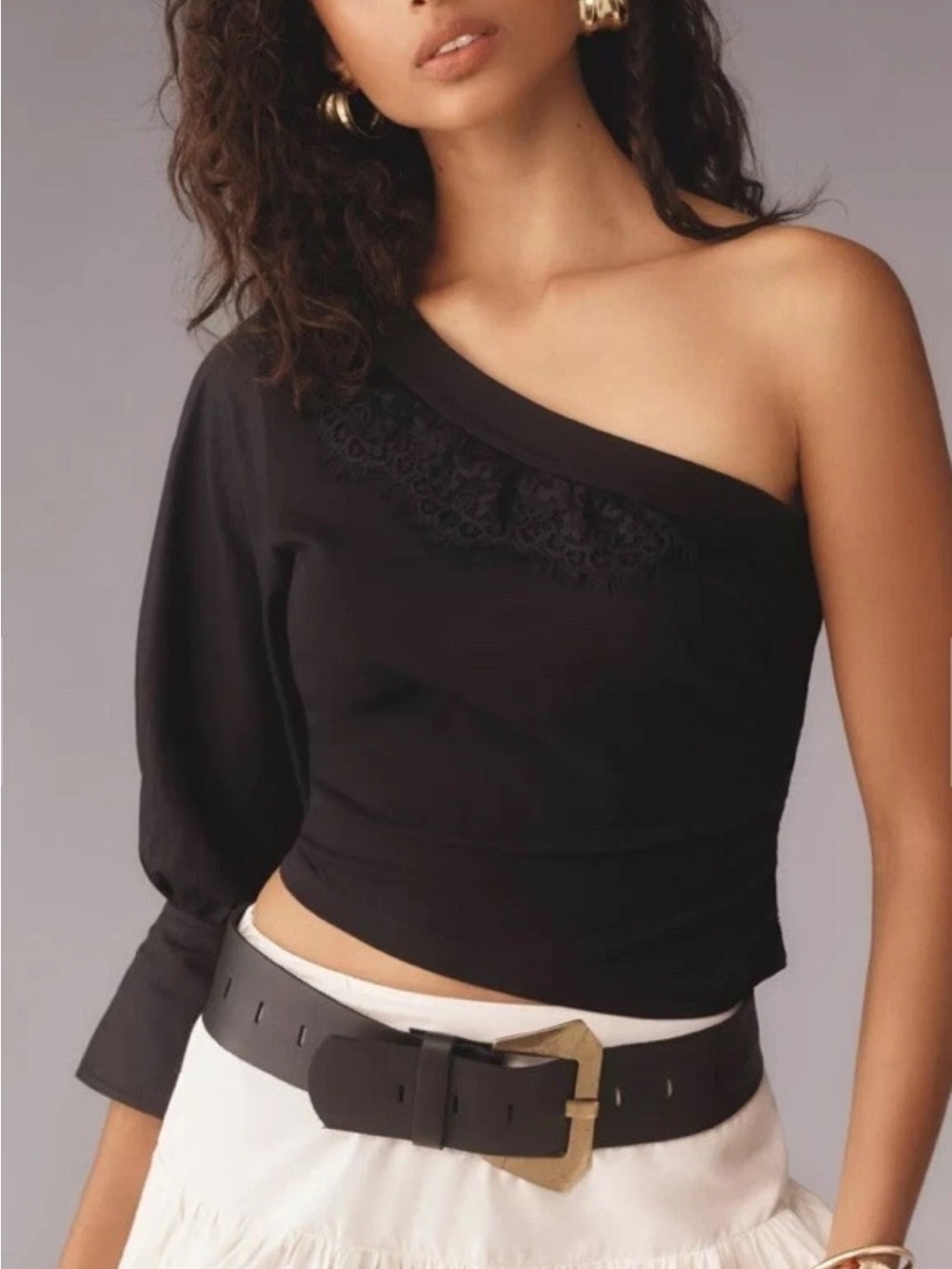 Anthropologie one shoulder black top shirt large New NWT Cotton Blouse GORGEOUS